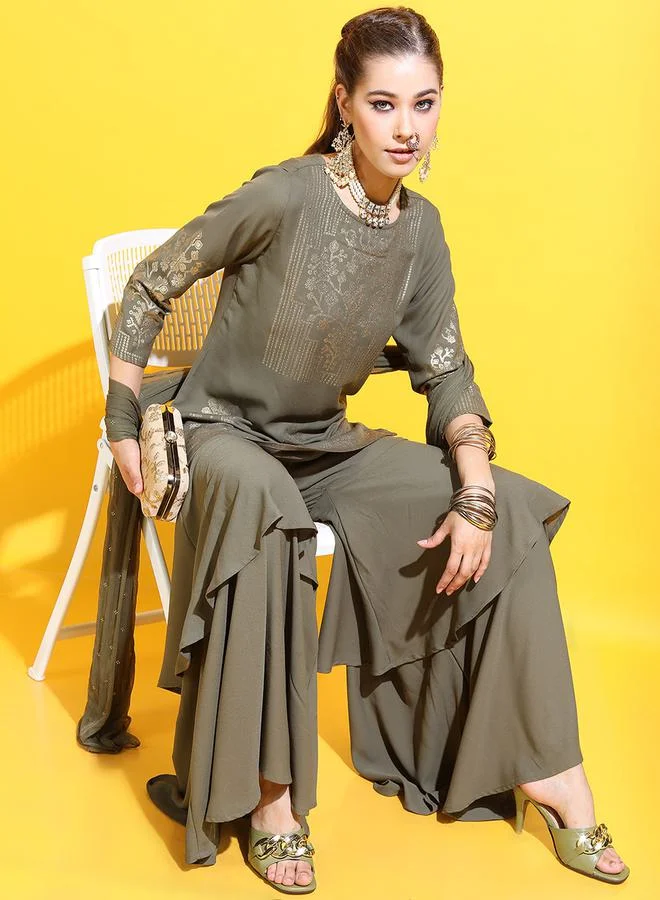 Vishudh Foil Print Kurta, Dupatta & Layered Trouser Co-Ord Set by Styli