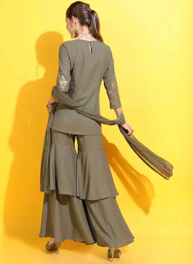 Vishudh Foil Print Kurta, Dupatta & Layered Trouser Co-Ord Set by Styli