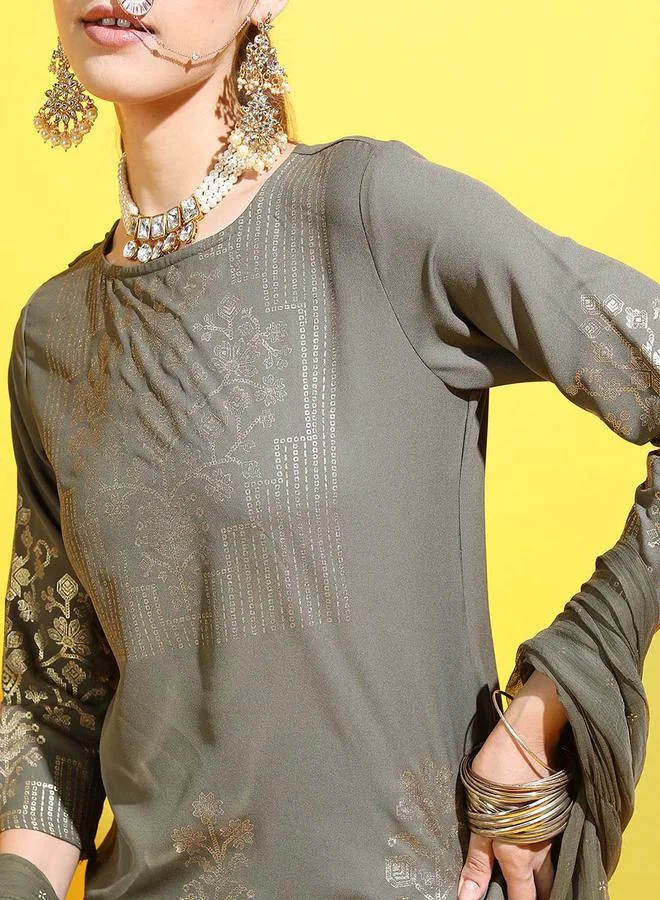 Vishudh Foil Print Kurta, Dupatta & Layered Trouser Co-Ord Set by Styli