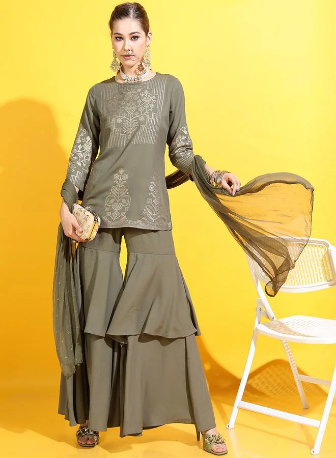 Vishudh Foil Print Kurta, Dupatta & Layered Trouser Co-Ord Set by Styli