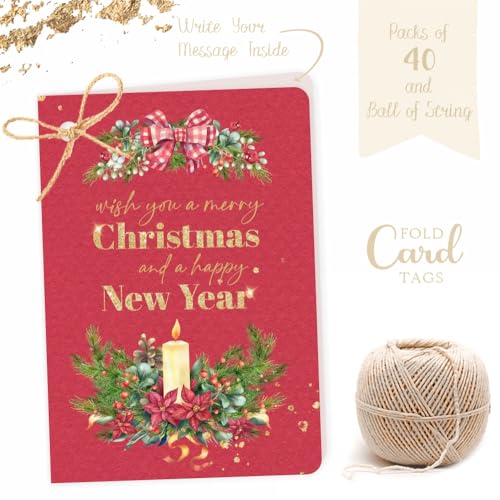 Chic a Choc Merry Christmas Happy New Year Greeting Card, Gift Tag. Red handmade paper effect design. Pack of 40. With Jute String. For attaching to Gift Box, Cake Box. - Image 2