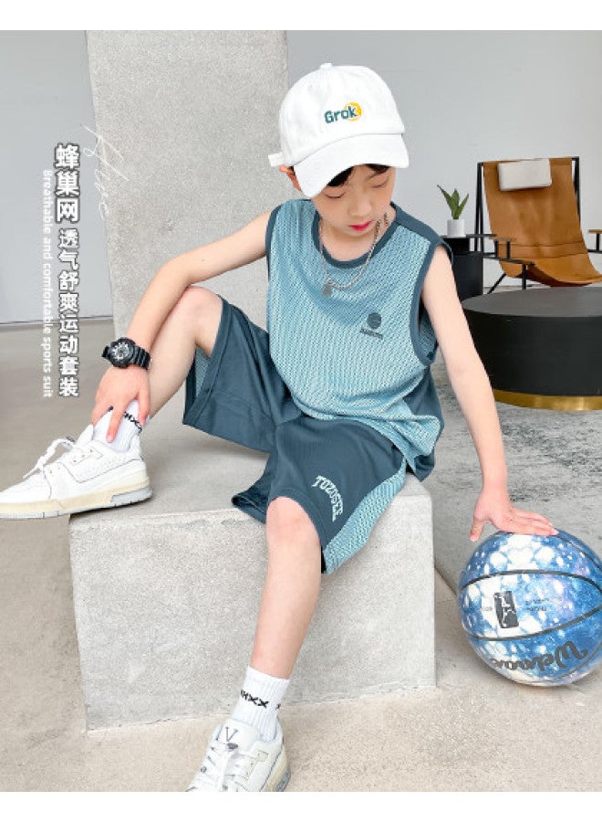 Zuoxi Boys' Summer Vest Set - 2-piece Sporty Basketball Outfit, Breathable Mesh Training Clothes For Big Kids - Image 1