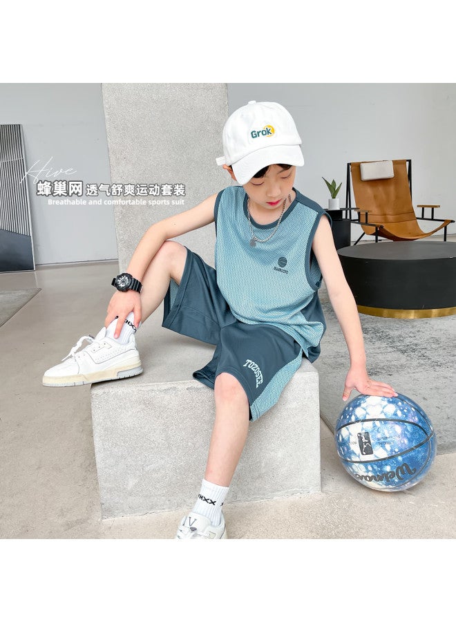 Zuoxi Boys' Summer Vest Set - 2-piece Sporty Basketball Outfit, Breathable Mesh Training Clothes For Big Kids - Image 2