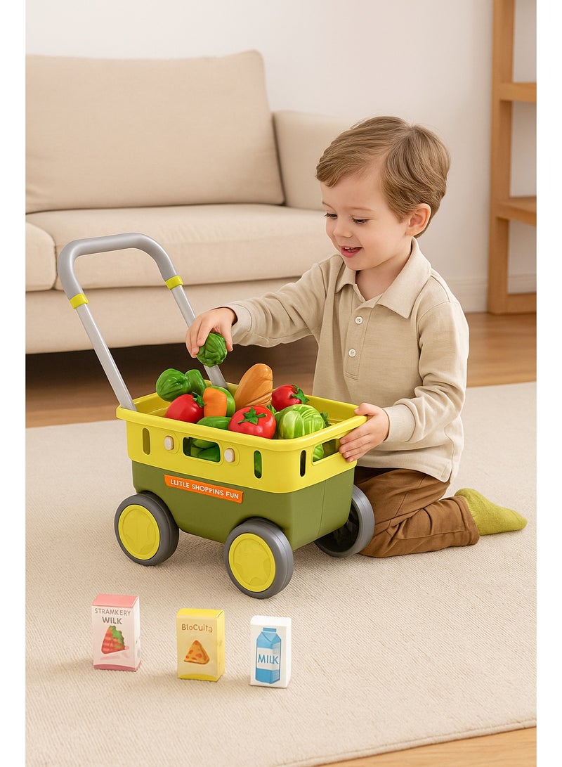 متجر 7 عربة تسوق أطفال مع فواكه وخضروات وأكسسوارات – لعبة تسوق واقعية مزودة بعجلات قوية ومقبض مريح – لعبة تعليمية تفاعلية تنمي مهارة التخيل والتسوق عند الأطفال - Image 4