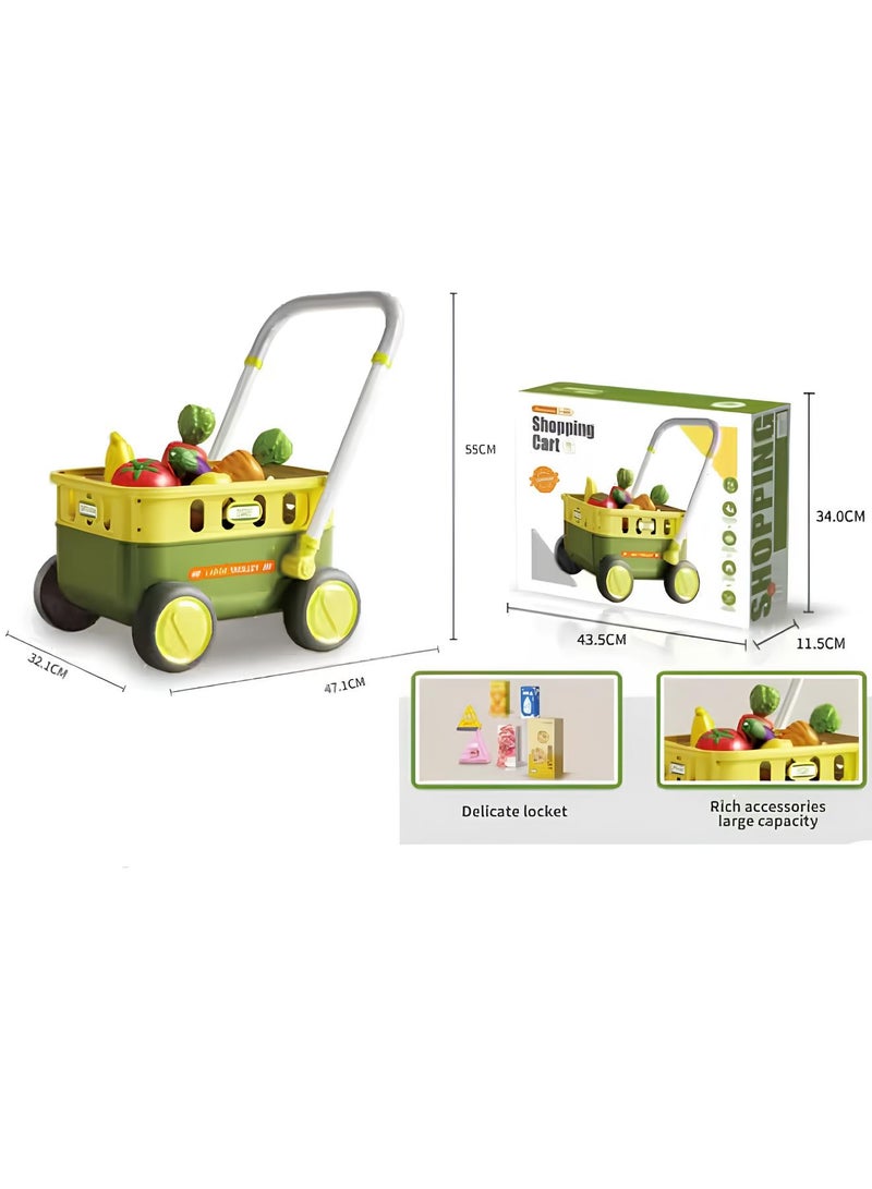متجر 7 عربة تسوق أطفال مع فواكه وخضروات وأكسسوارات – لعبة تسوق واقعية مزودة بعجلات قوية ومقبض مريح – لعبة تعليمية تفاعلية تنمي مهارة التخيل والتسوق عند الأطفال - Image 1