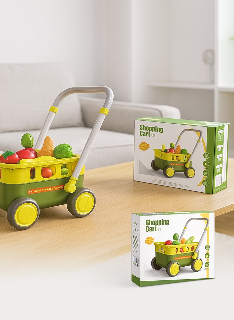 متجر 7 عربة تسوق أطفال مع فواكه وخضروات وأكسسوارات – لعبة تسوق واقعية مزودة بعجلات قوية ومقبض مريح – لعبة تعليمية تفاعلية تنمي مهارة التخيل والتسوق عند الأطفال - Image 3