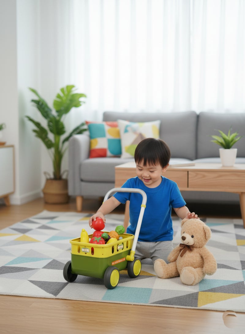 متجر 7 عربة تسوق أطفال مع فواكه وخضروات وأكسسوارات – لعبة تسوق واقعية مزودة بعجلات قوية ومقبض مريح – لعبة تعليمية تفاعلية تنمي مهارة التخيل والتسوق عند الأطفال - Image 2