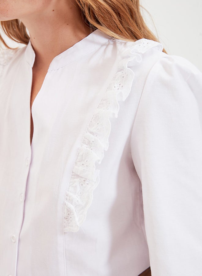 White Lace Detailed Cotton Regular Fit Woven Shirt TWOSS20GO0044