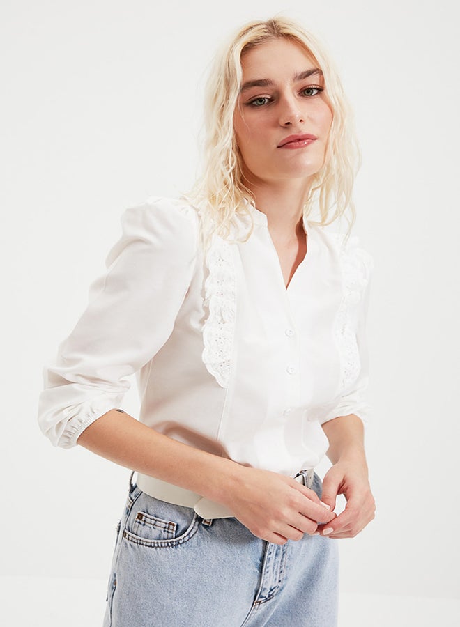 White Lace Detailed Cotton Regular Fit Woven Shirt TWOSS20GO0044