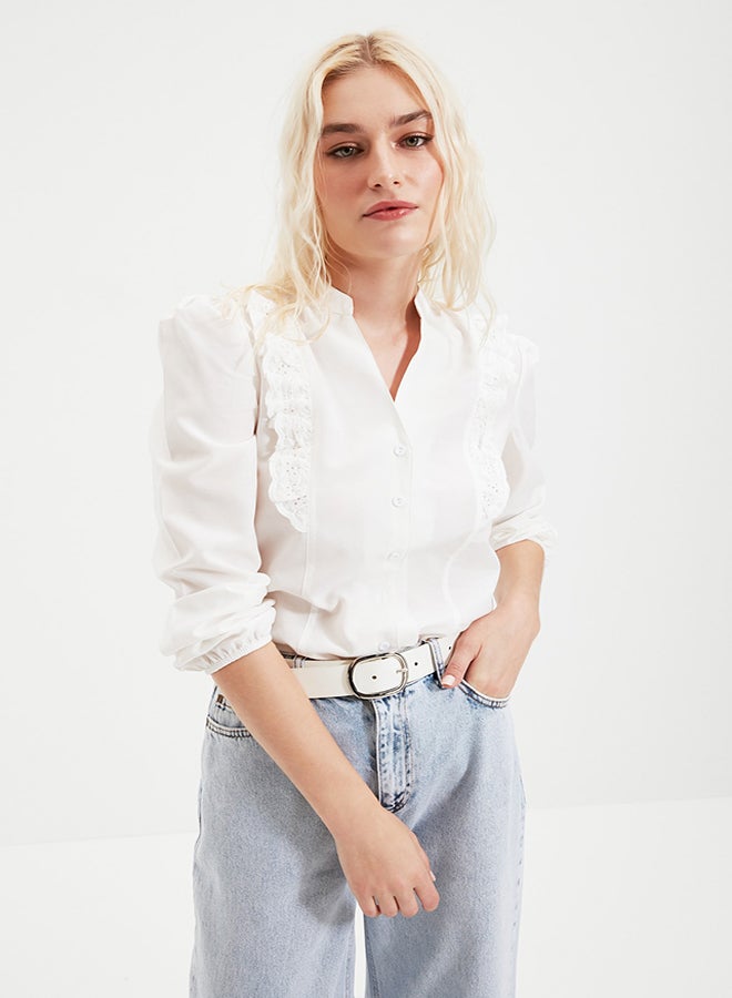 White Lace Detailed Cotton Regular Fit Woven Shirt TWOSS20GO0044