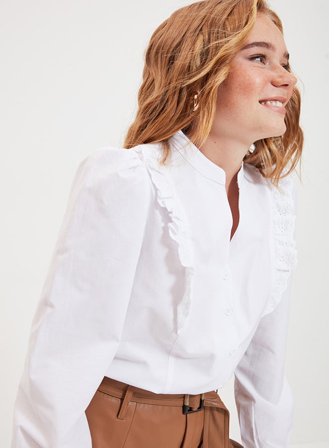 White Lace Detailed Cotton Regular Fit Woven Shirt TWOSS20GO0044