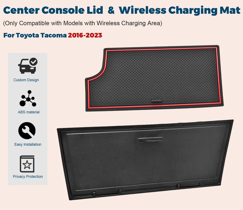 GZSH Hidden Front Center Console Cover fit for Toyota Tacoma 2016-2023 (3RD GEN Tacoma) Anti-Drop Privacy ABS Plastic Center Console Cover with Isolation Charging pad (Only fit for Wireless Charging) - Image 2