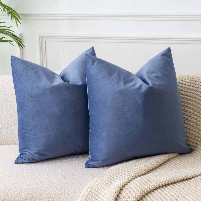 JUSPURBET Blue Velvet Throw Pillow Covers 20x20 inch Set of 2 for Living Room Couch Sofa Bedroom Decorative Square Solid Soft Cushion Cases with Invisible Zipper - Image 1