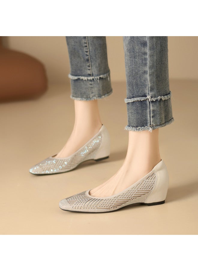 St&Sat French-style Square-toe Crystal Shallow Opening Women's Single Shoes With Inner Height Increase, Breathable, Fashionable Business Commuting Shoes, Wedding Shoes - Image 2