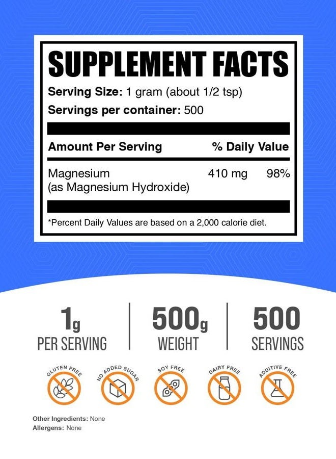BulkSupplements .com مسحوق هيدروكسيد المغنيسيوم - مكمل هيدروكسيد المغنيسيوم - درجة غذائية وخالي من الغلوتين، 1 جرام لكل حصة، 500 جرام (1.1 رطل) (عبوة من 1) - Image 2