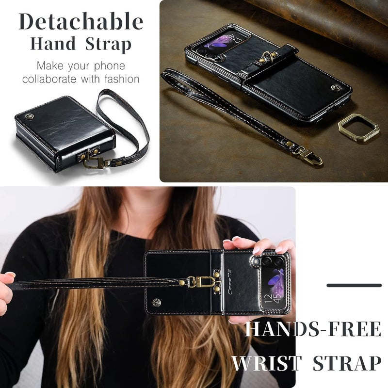 Mobcos Caseme Samsung Galaxy Z Flip 4 Horse Pu Leather Black Fold Retro Cover Case Kickstand Rings with Hand Strap - Image 2