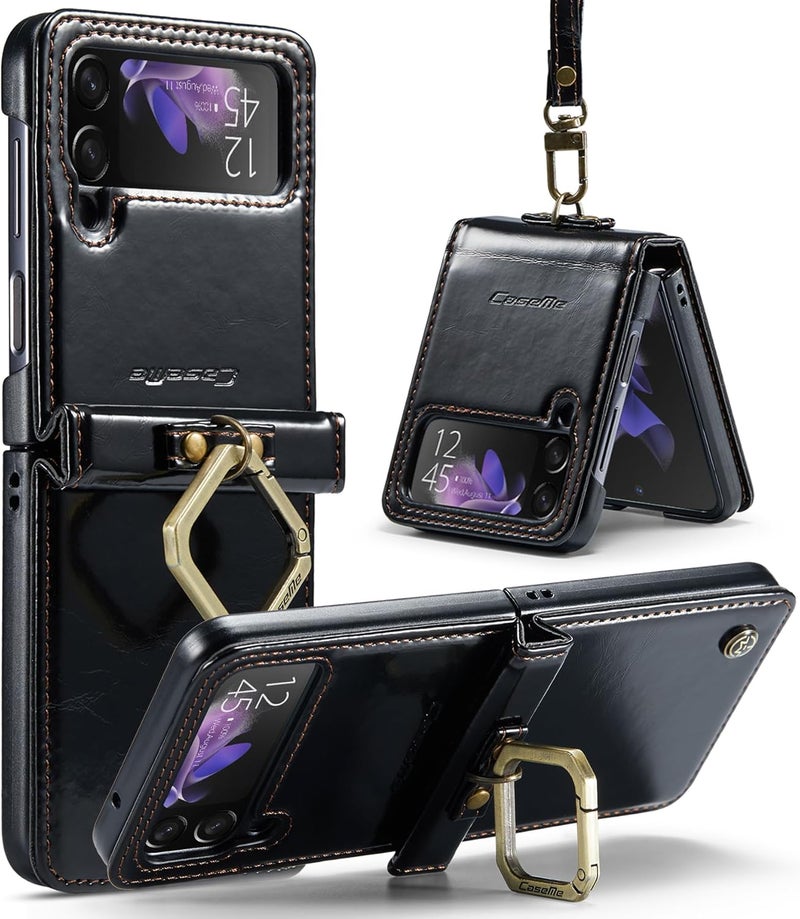 Mobcos Caseme Samsung Galaxy Z Flip 4 Horse Pu Leather Black Fold Retro Cover Case Kickstand Rings with Hand Strap - Image 1