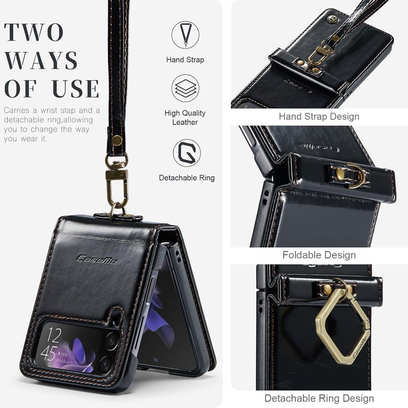 Mobcos Caseme Samsung Galaxy Z Flip 4 Horse Pu Leather Black Fold Retro Cover Case Kickstand Rings with Hand Strap - Image 3