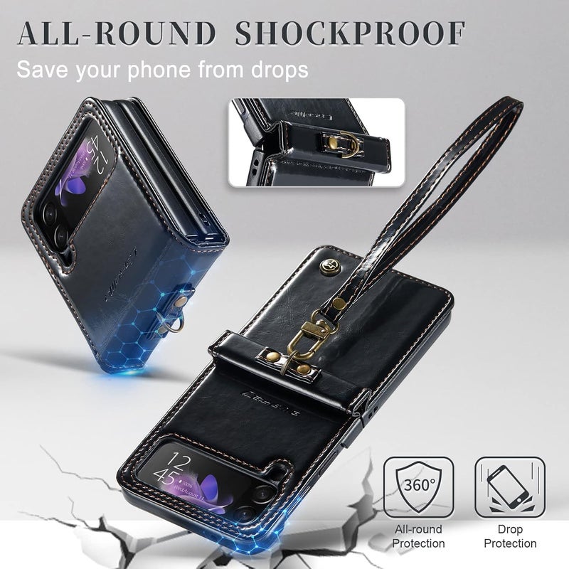 Mobcos Caseme Samsung Galaxy Z Flip 4 Horse Pu Leather Black Fold Retro Cover Case Kickstand Rings with Hand Strap - Image 4