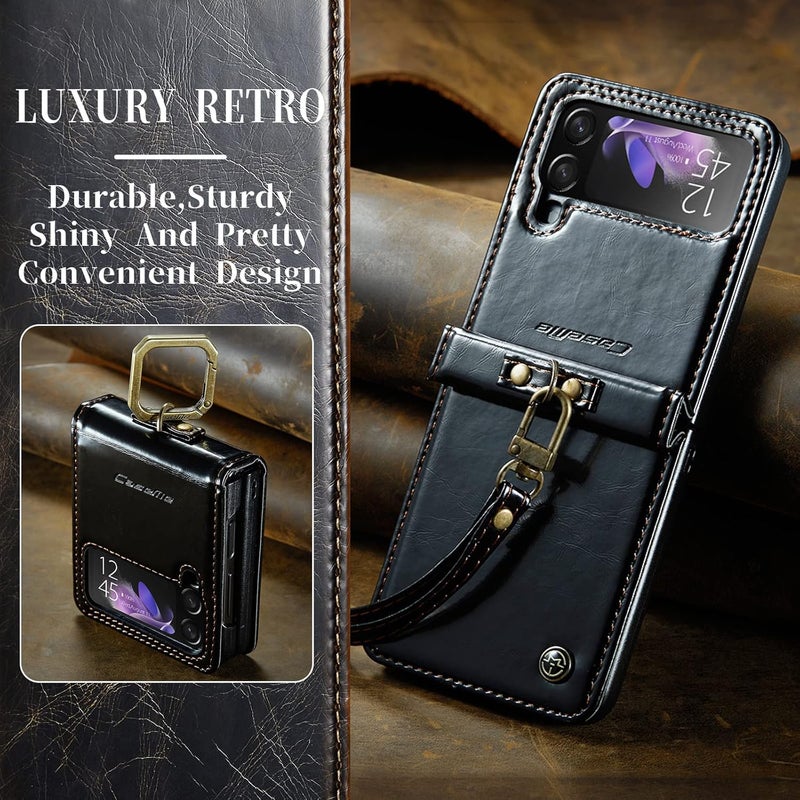 Mobcos Caseme Samsung Galaxy Z Flip 4 Horse Pu Leather Black Fold Retro Cover Case Kickstand Rings with Hand Strap - Image 5