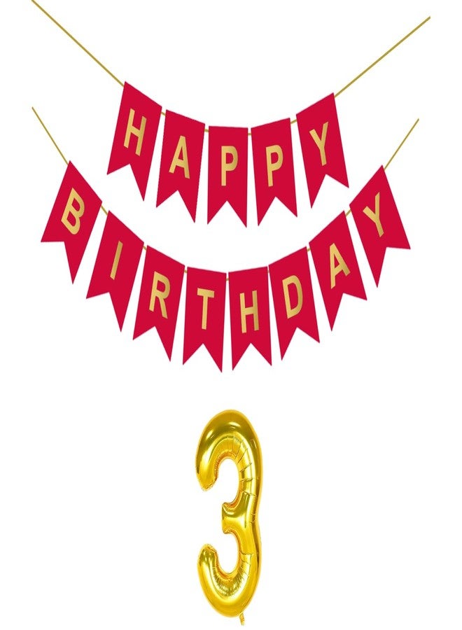 Flyloons 3rd Red Colour Happy Birthday Banner Decoration Kit for 3 year Old Boys Girls Baby | with Number Three | 13 Pcs Reusable Cardstock Happy Birthday Paper Banner