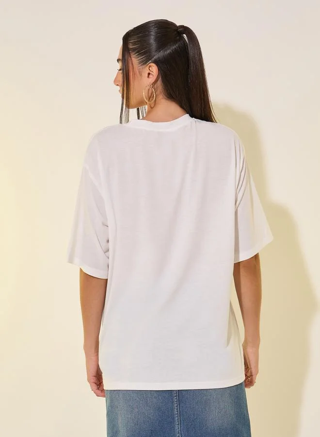 Styli Styli Women White Oversized Embroidered Slogan T-Shirt