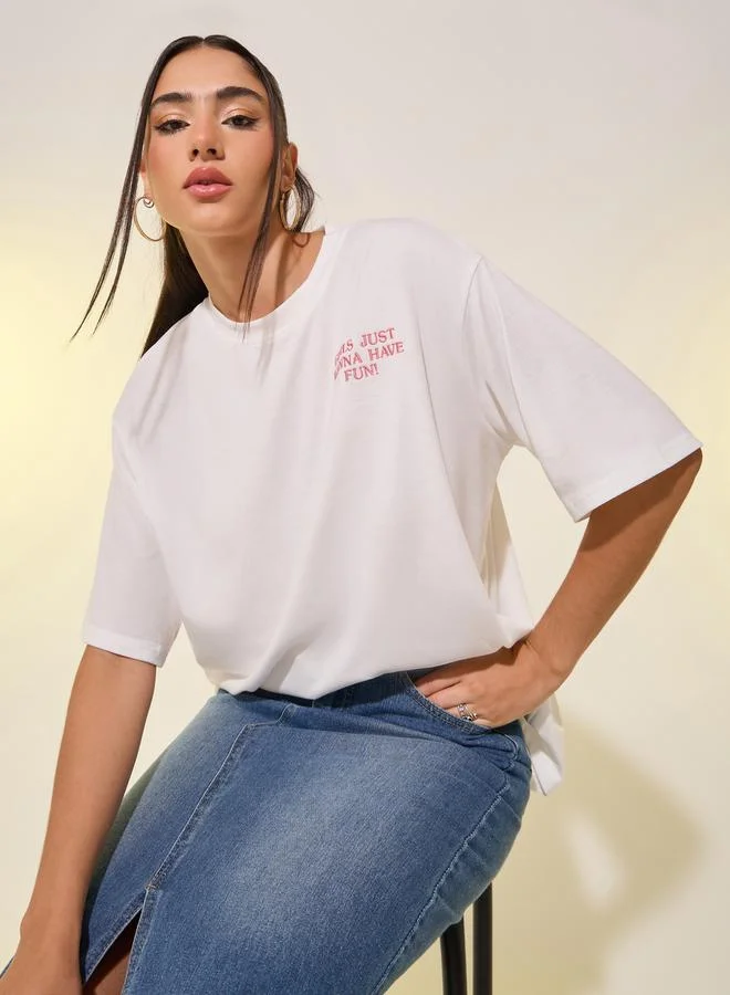 Take Two Women White Oversized Embroidered Slogan T-Shirt