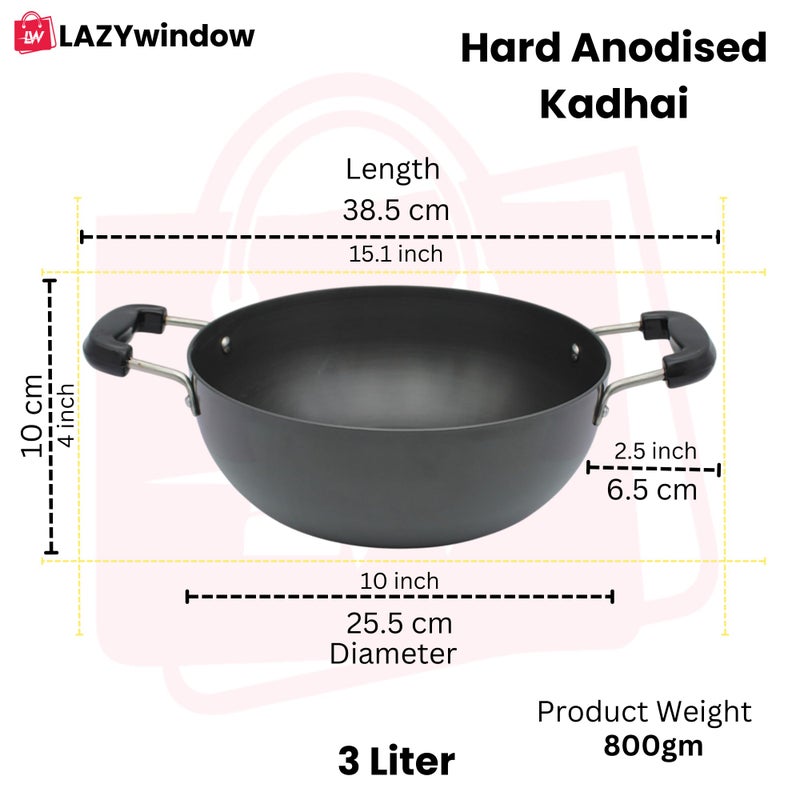 LAZYwindow Hard Anodized Kadhai with Induction Base, 25.5 cm, 3 Litre, Black Pack of 2 - Image 3