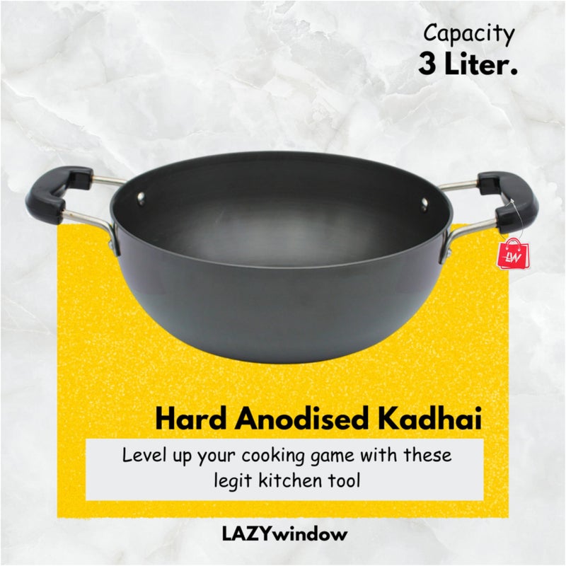 LAZYwindow Hard Anodized Kadhai with Induction Base, 25.5 cm, 3 Litre, Black Pack of 2 - Image 4