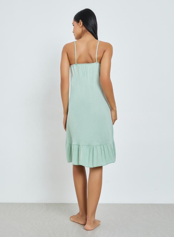 Styli Green Contrast Lace Trim Ruffle Hem Slip Dress - Image 4