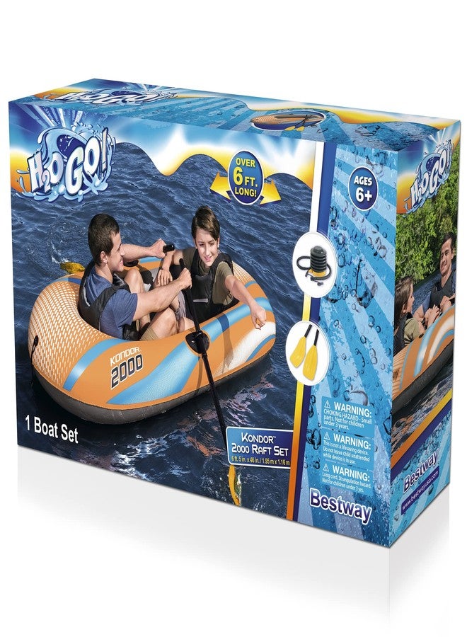 أتش2أو جو طقم قارب H2O GO Kondor 2000 - 6'1" × 38" - يتسع لطفل واحد وشخص بالغ واحد، برتقالي وأزرق، قارب مائي عائلي من Bestway، رياضات مائية، حبل ربط أمامي، مناسب للأعمار من 6 سنوات فما فوق، سعة وزن 210 رطل - Image 3