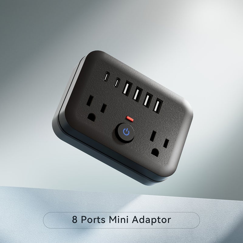 2 قطع مشترك طاقة أسود صغير محمول 8 في 1 2 مآخذ 4 USB 2 USB C - Image 3