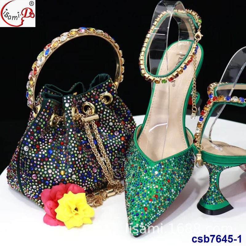 Evening With Rhinestone Pointed Shoes Top Elastic Sandals With Inlaid Colored Small Flash Diamond Cloth Bag Style Hand Bag Suit - Image 5