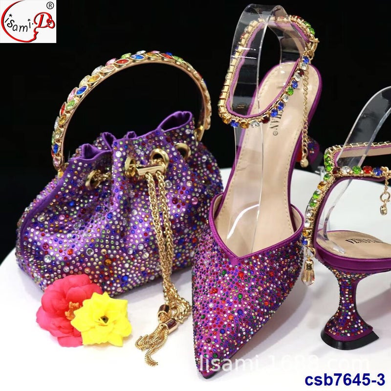 Evening With Rhinestone Pointed Shoes Top Elastic Sandals With Inlaid Colored Small Flash Diamond Cloth Bag Style Hand Bag Suit - Image 3
