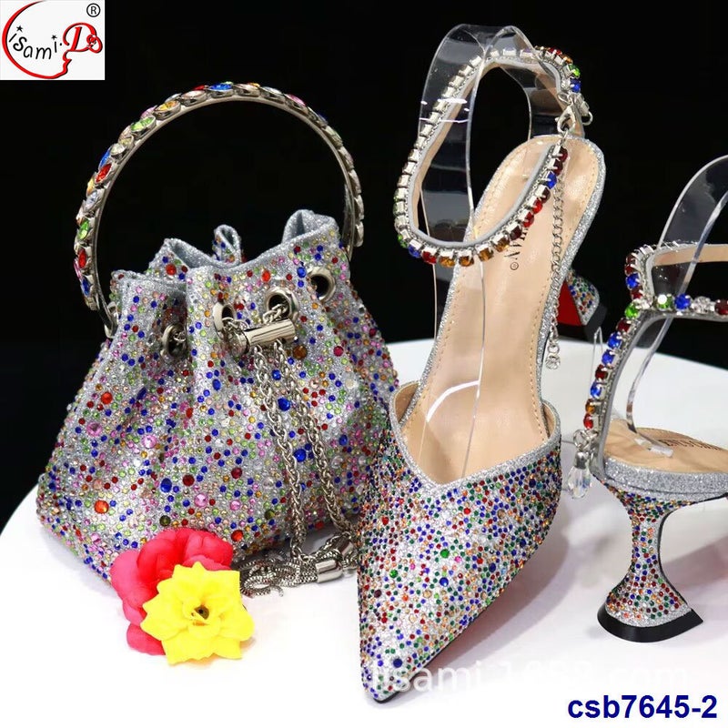 Evening With Rhinestone Pointed Shoes Top Elastic Sandals With Inlaid Colored Small Flash Diamond Cloth Bag Style Hand Bag Suit - Image 4