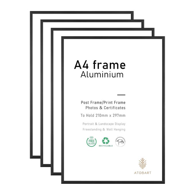 A4 PHOTO FRAME4 PACK21X30CM BLACK ALUMINIUM PICTURE FRAMECERTIFICATE FRAME FOR WALL MOUNT OR TABLE TOP DISPLAYSET OF 4
