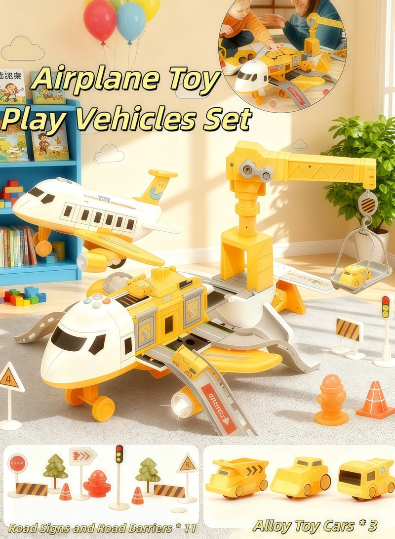إيزي سو مجموعة مركبات نقل وطائرات بناء كهدية للأطفال، مع 3 شاحنات بناء مصبوبة، و11 علامة طريق - مناسبة للأولاد والبنات من سن 3 و4 و5 و6 سنوات - Image 1