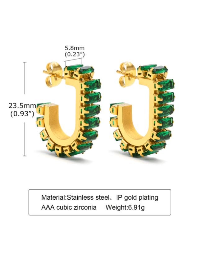 Andaazs Women’s Celestial Grace Huggie Earrings – 18K Gold-Plated Stainless Steel with Green Cubic Zirconia – Everyday Waterproof Hoops - Image 4