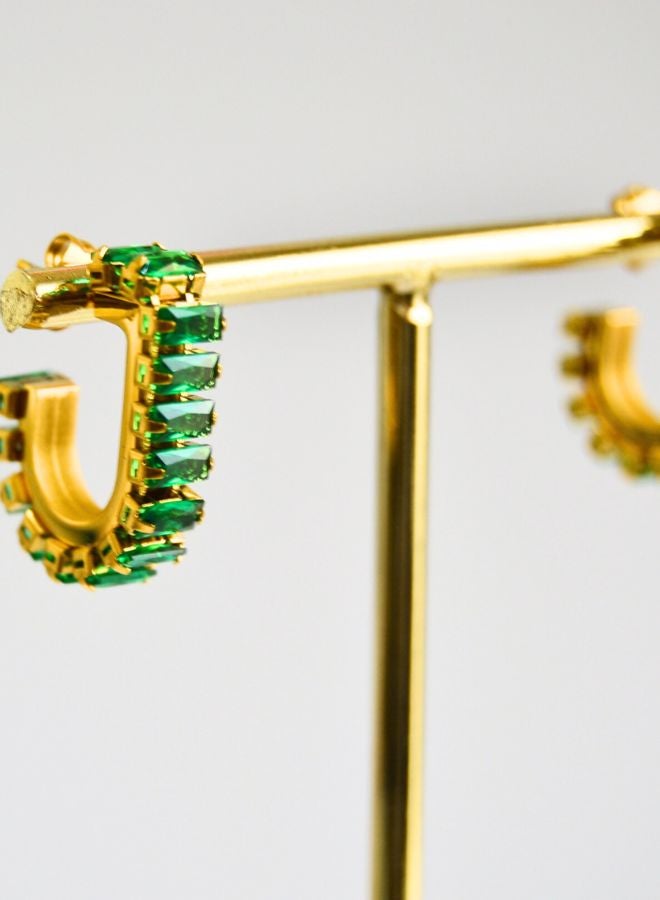 Andaazs Women’s Celestial Grace Huggie Earrings – 18K Gold-Plated Stainless Steel with Green Cubic Zirconia – Everyday Waterproof Hoops - Image 3