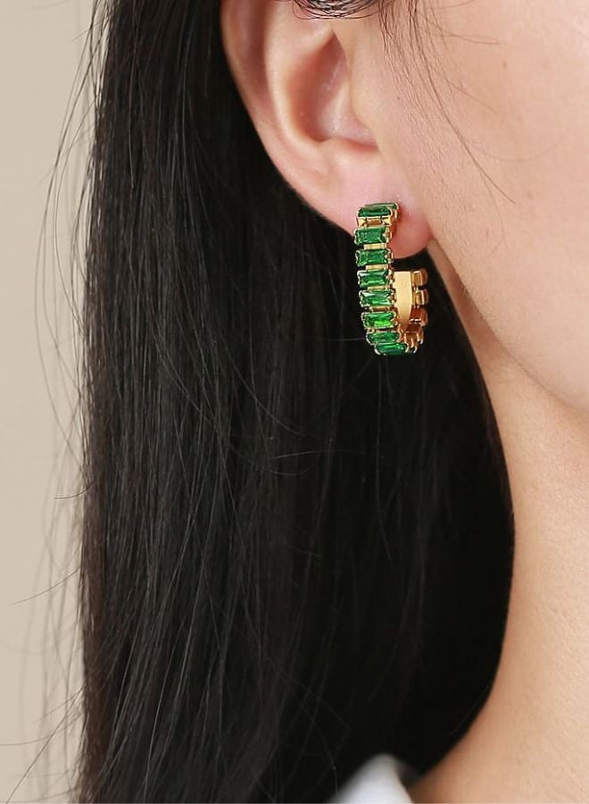 Andaazs Women’s Celestial Grace Huggie Earrings – 18K Gold-Plated Stainless Steel with Green Cubic Zirconia – Everyday Waterproof Hoops - Image 2