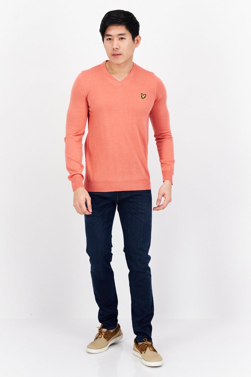 Lyle & Scott Men V-Neck Embroidered Logo Long Sleeve Sweater, Coral - Image 2