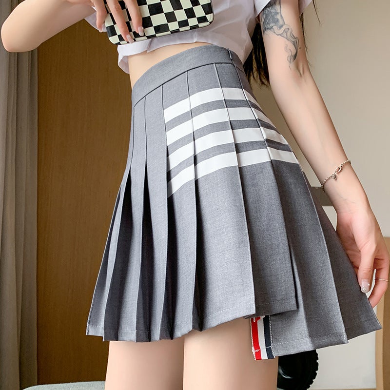 Pleated skirt womens four bars gray college style suit design sense autumn and winter ultra-short half A- line skirt jk skirt tb Light Gray [white bar]]