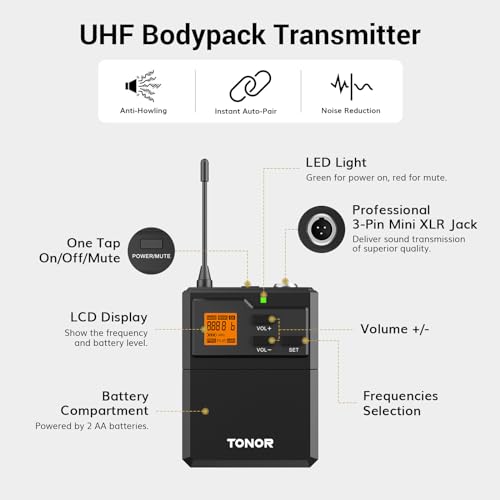 TONOR نظام ميكروفون لاسلكي UHF من TONOR مع ميكروفونات رأس مزدوجة / ميكروفونات لافاليير، مرسلات جسم، جهاز استقبال صغير قابل لإعادة الشحن، 2x15 قناة بمدى 200 قدم، لتسجيل الخطابات ومكبرات الصوت العامة - Image 3