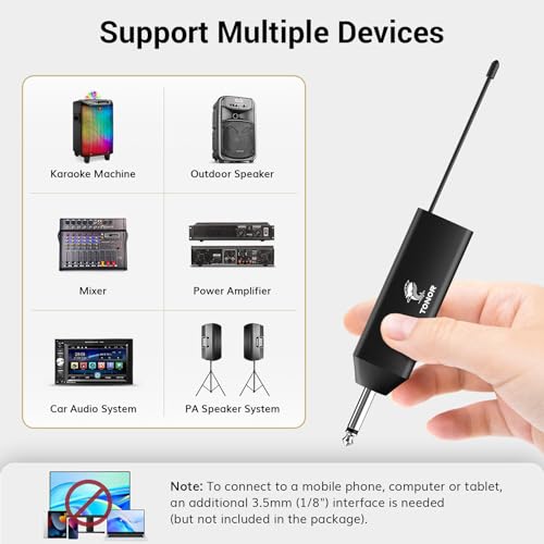 TONOR نظام ميكروفون لاسلكي UHF من TONOR مع ميكروفونات رأس مزدوجة / ميكروفونات لافاليير، مرسلات جسم، جهاز استقبال صغير قابل لإعادة الشحن، 2x15 قناة بمدى 200 قدم، لتسجيل الخطابات ومكبرات الصوت العامة - Image 5