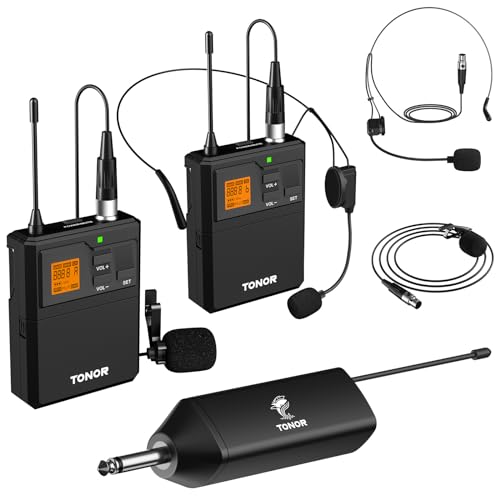 TONOR نظام ميكروفون لاسلكي UHF من TONOR مع ميكروفونات رأس مزدوجة / ميكروفونات لافاليير، مرسلات جسم، جهاز استقبال صغير قابل لإعادة الشحن، 2x15 قناة بمدى 200 قدم، لتسجيل الخطابات ومكبرات الصوت العامة - Image 1