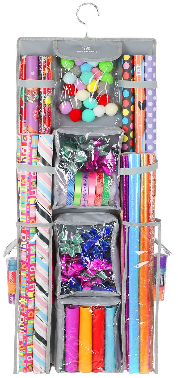 Freegrace Double Sided Hanging Gift Wrap Organizer Large 16 x 41 Wrapping Paper Rolls Storage Bag Tearproof Space Saving Closet Gift Bag Organization Solution Gray