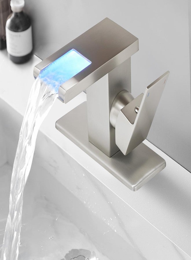 BESy LED Stainless Steel Waterfall Brushed Nickel Bathroom Faucet, Single Hole Bathroom Sink Faucet, 3 Colors Light Changing Single Handle Vanity Faucets with Supply Lines, Rv One Hole Faucet - Image 1