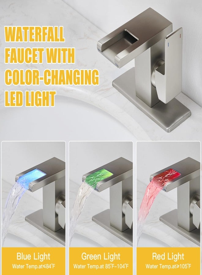 BESy LED Stainless Steel Waterfall Brushed Nickel Bathroom Faucet, Single Hole Bathroom Sink Faucet, 3 Colors Light Changing Single Handle Vanity Faucets with Supply Lines, Rv One Hole Faucet - Image 2