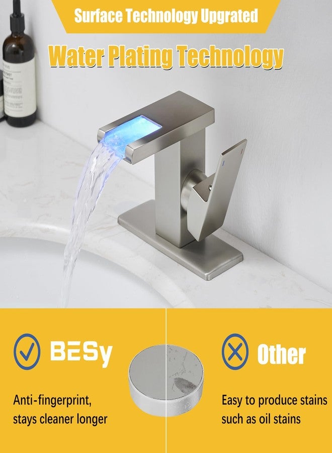 BESy LED Stainless Steel Waterfall Brushed Nickel Bathroom Faucet, Single Hole Bathroom Sink Faucet, 3 Colors Light Changing Single Handle Vanity Faucets with Supply Lines, Rv One Hole Faucet - Image 5