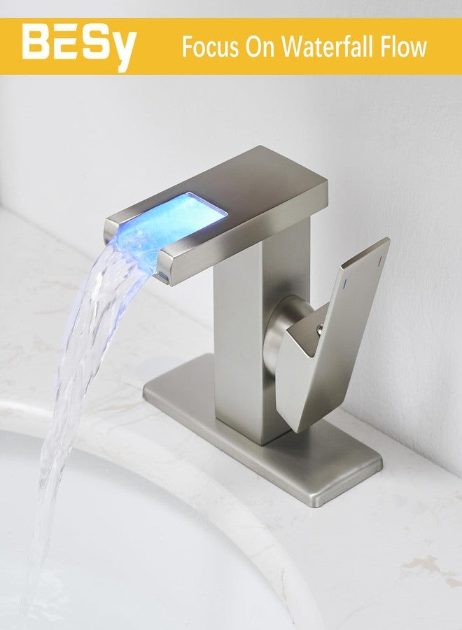 BESy LED Stainless Steel Waterfall Brushed Nickel Bathroom Faucet, Single Hole Bathroom Sink Faucet, 3 Colors Light Changing Single Handle Vanity Faucets with Supply Lines, Rv One Hole Faucet - Image 3